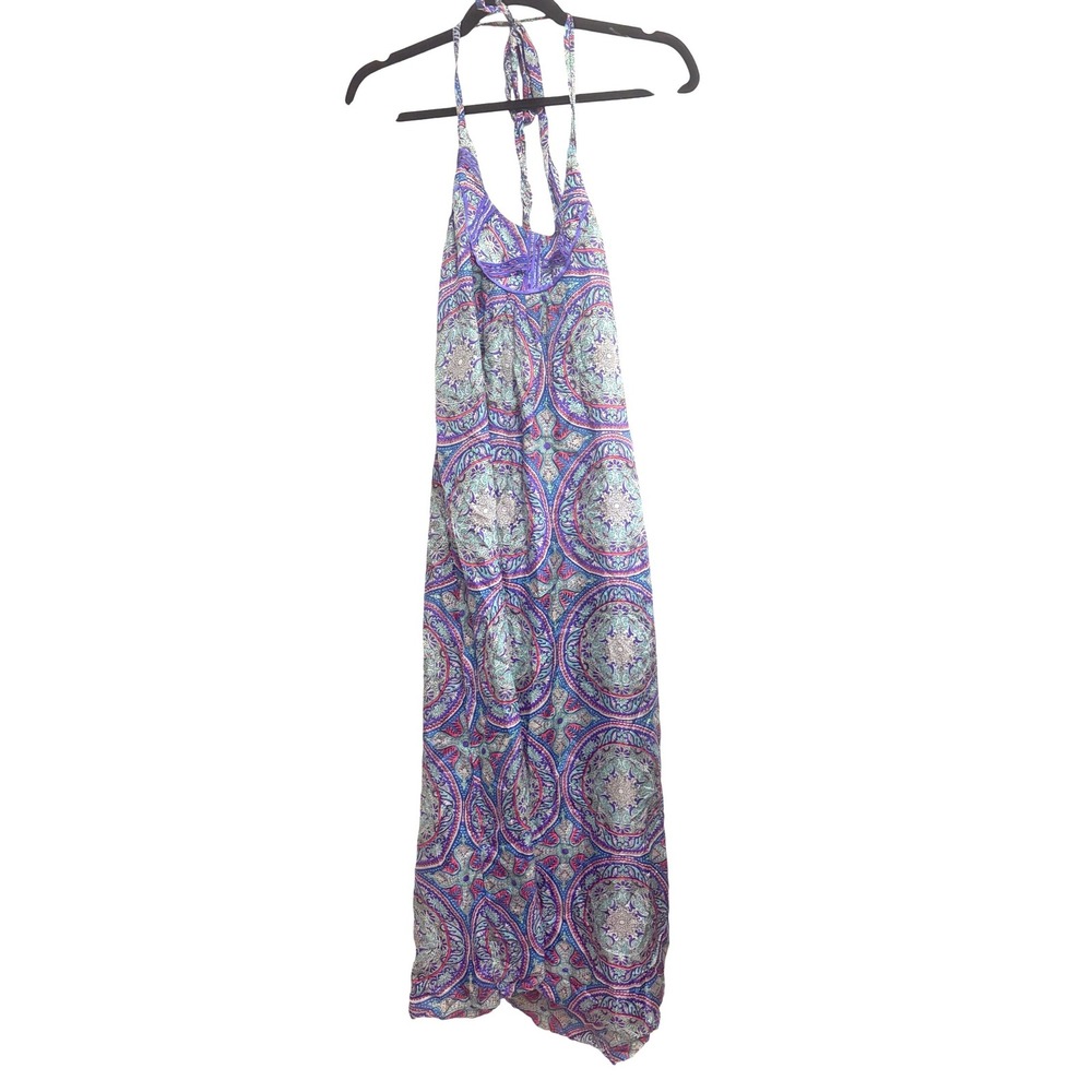 Zingara Paisley Silk Halter Blue Purple Maxi Dress Boho Festival Size M